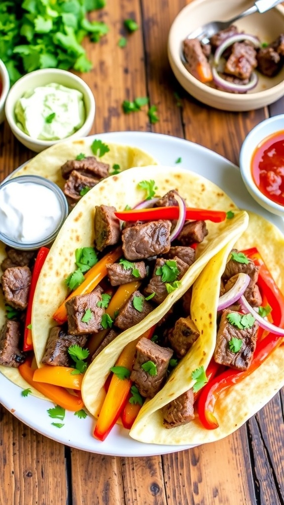 A plate of air fryer steak fajitas with steak, bell peppers, onions, tortillas, and toppings on a rustic table.